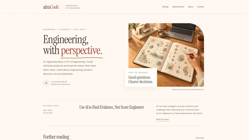 The home page: a headline with one word in rust and a drawn underline, beside the notebook illustration