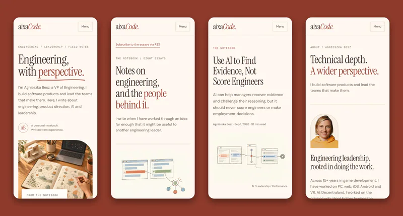 On a phone: the home page, the writing index, an essay and the about page