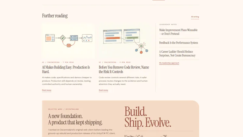 Further reading: each essay gets its own illustrated diagram, with the leadership notes as a list beside them