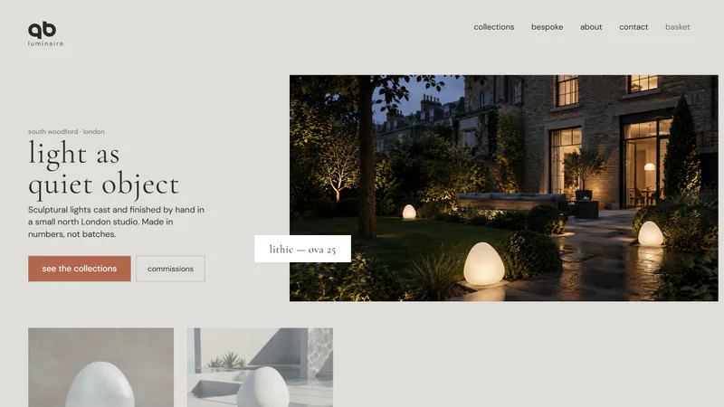 The home page: one photograph at dusk, a serif headline and a single terracotta button