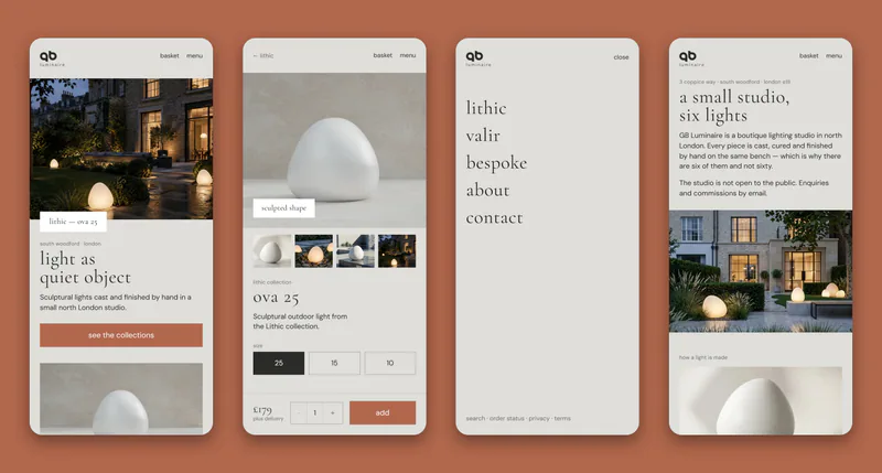 On a phone: the home page, a product page, the menu and the about page