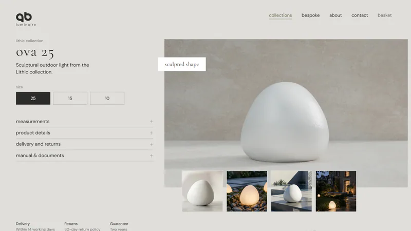 A product page: sizes, details in accordions and four photographs that swap in place