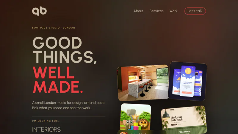 Homepage — a bold headline, then a choice of three: interiors, games and apps, or brand and digital.