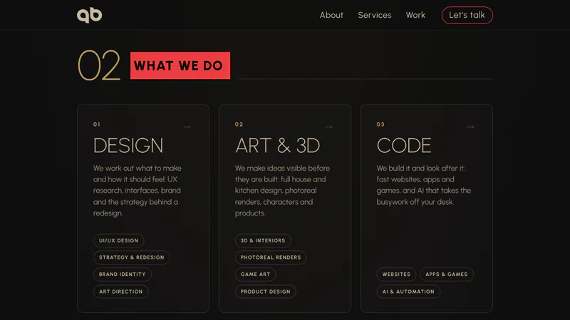 What We Do — design, art and 3D, and code, each with a one-line promise and its services.