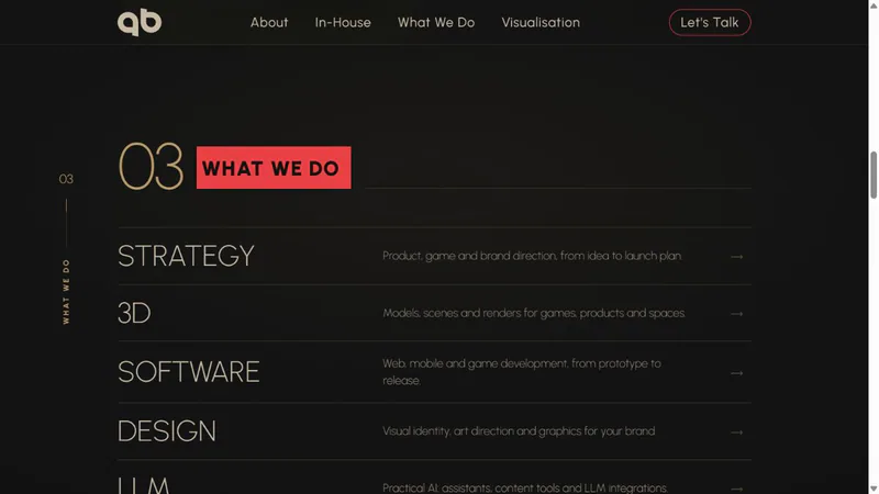 Services — an editorial list presenting the studio’s creative and technical practice.