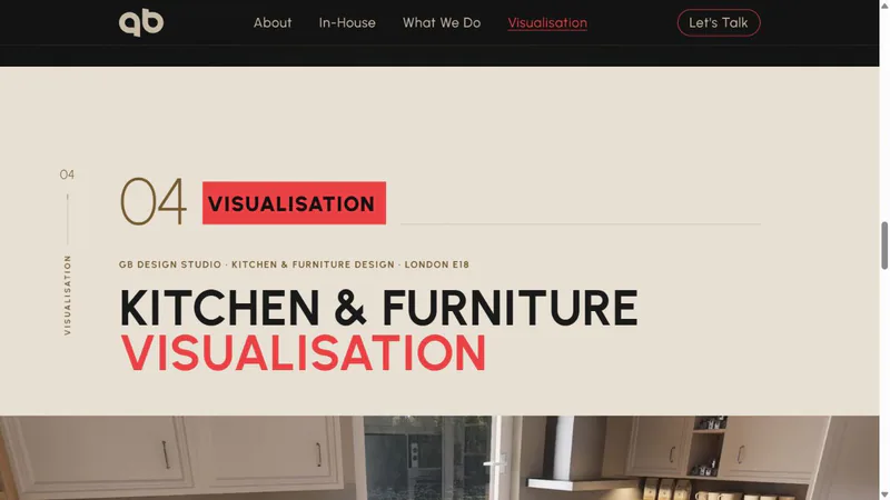 Visualisation — a bold section introduction connects the studio website with its kitchen and furniture work.