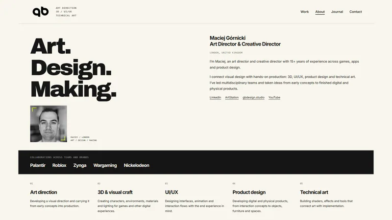 The about page: portrait, brands worked with and areas of practice