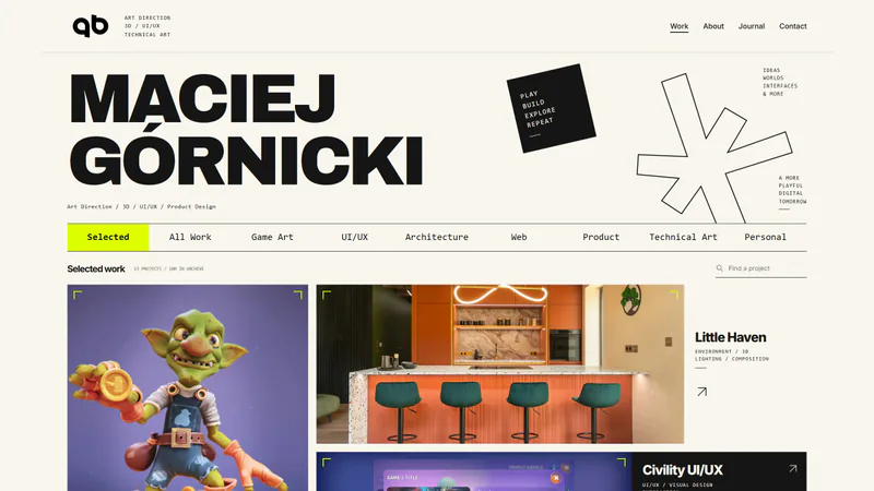 The home page: the name set large, the rotating asterisk and the hand-picked Selected work