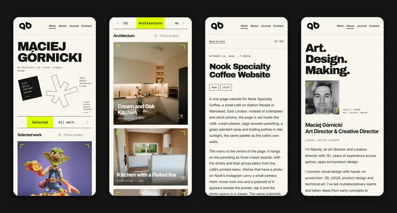 On a phone: the home page, a category, a project page and the about page