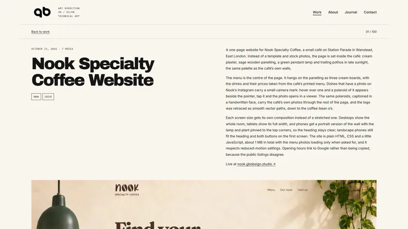 A project page: title, categories and write-up, then the lead image at full width