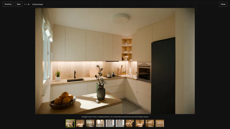 The full-screen viewer, with captions and thumbnails