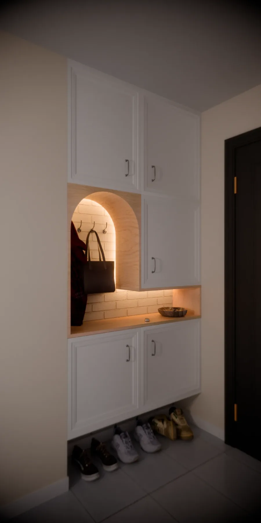 Render of a hallway wardrobe with a lit arched niche, hooks and shoe space