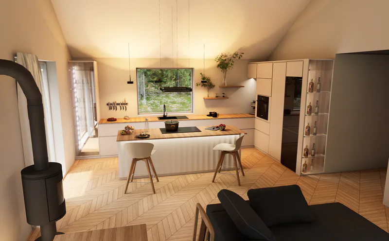 The same space in the evening, with the wood stove and dining table in view