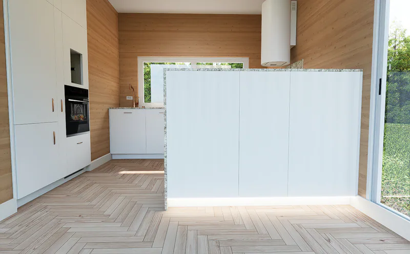 The bar from the sofa side: push-to-open fluted doors and an LED strip at the plinth