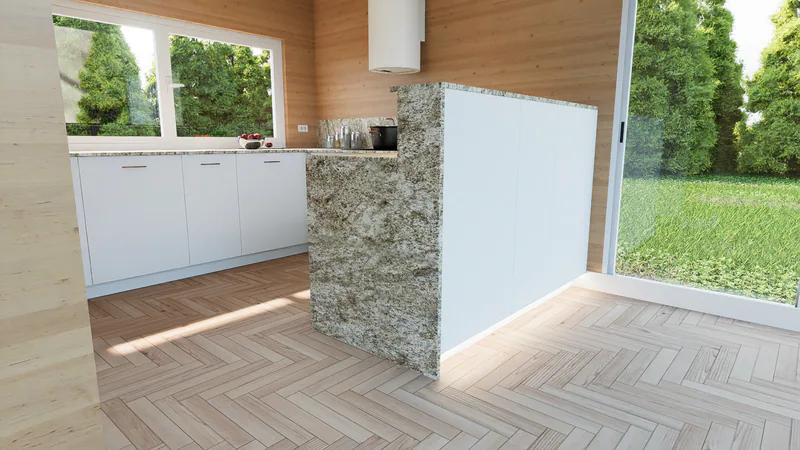 The end of the peninsula, a slab of the worktop stone that turns down to the floor