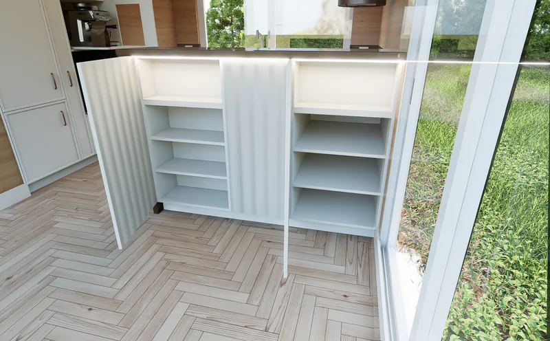 August version: the fluted doors open onto shelves on the living-room side