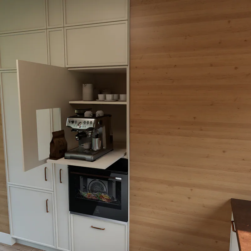 August version: the coffee door open, with the machine on a pull-out shelf