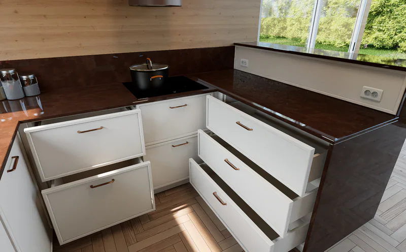 August version: the drawers pulled out, under the hob and in the peninsula