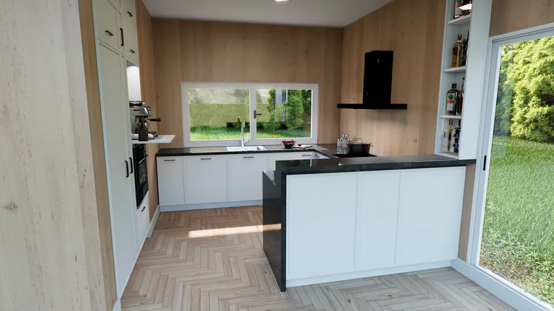 The first version, from June: black stone, black handles and open bottle shelves by the glazed door