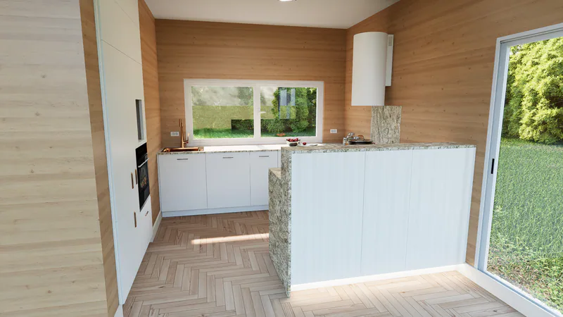 The kitchen from the living room: the tall column on the left, the window run, and the peninsula with its fluted bar front