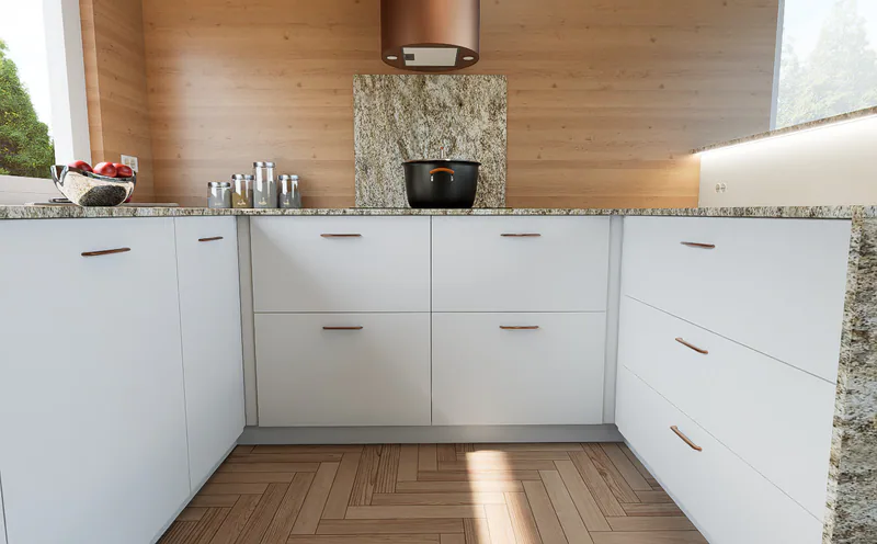 Looking into the U: two columns of drawers under the hob and three wide drawers in the peninsula