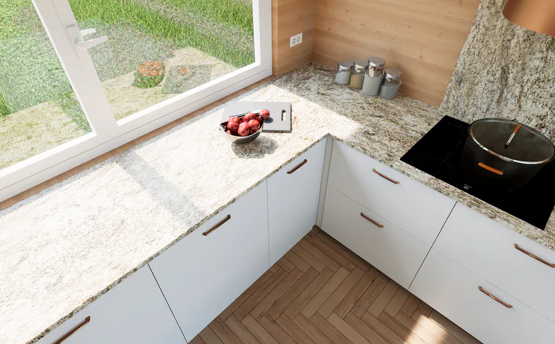 The window run, kept free of wall cabinets, turning into the hob wall