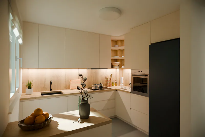 Daylight view of the U-shaped kitchen, the small island and the tall oven and fridge column