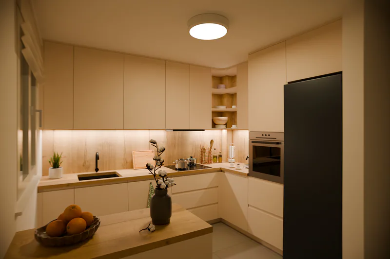 The same view in the evening, lit by the ceiling lamp and under-cabinet LEDs