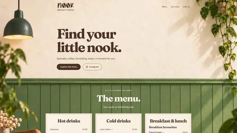 The opening screen: the café wall, with the lamp on the left, the pothos on the right and the menu starting on the panelling