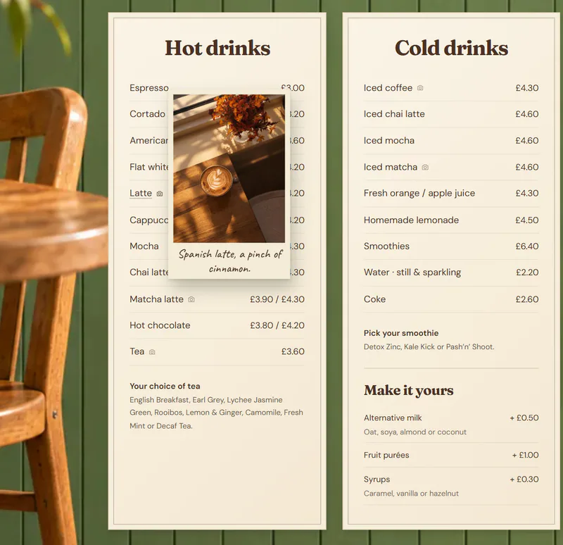 Hovering over the latte shows Nook’s own photo of it as a polaroid