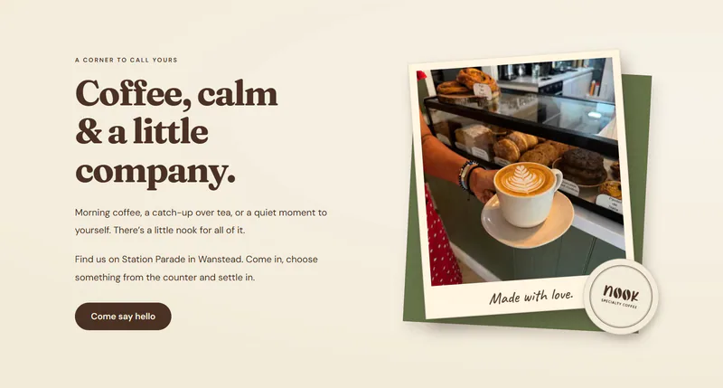 The café’s story, with a photo from its Instagram and the round logo as a stamp