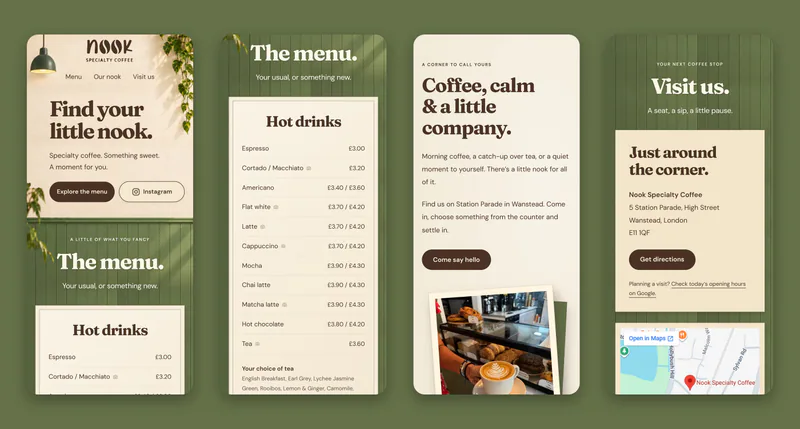 On a phone: the portrait wall, the stacked menu boards, the story and the address with a map