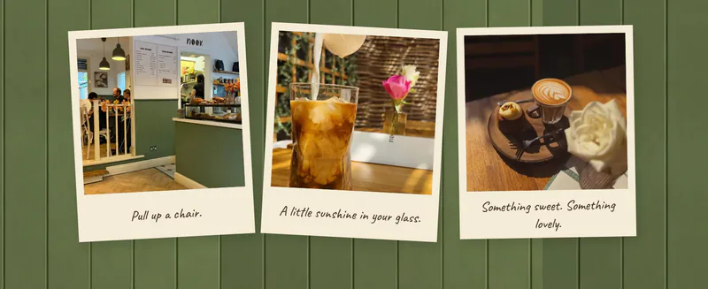 Photos of the café as tilted polaroids in the Visit us section