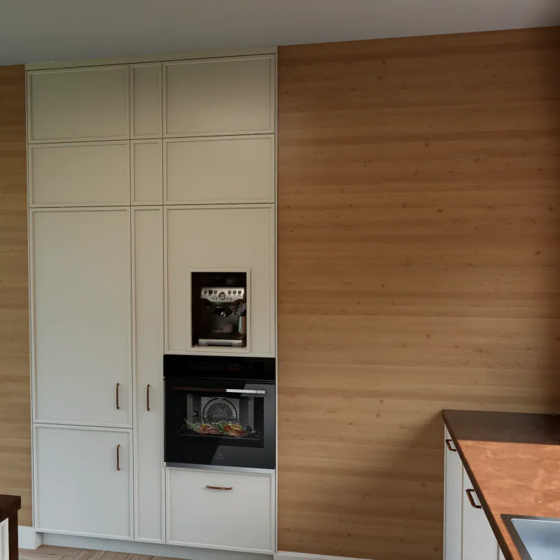 Render of tall cream units with a built-in oven and coffee machine niche against a timber wall