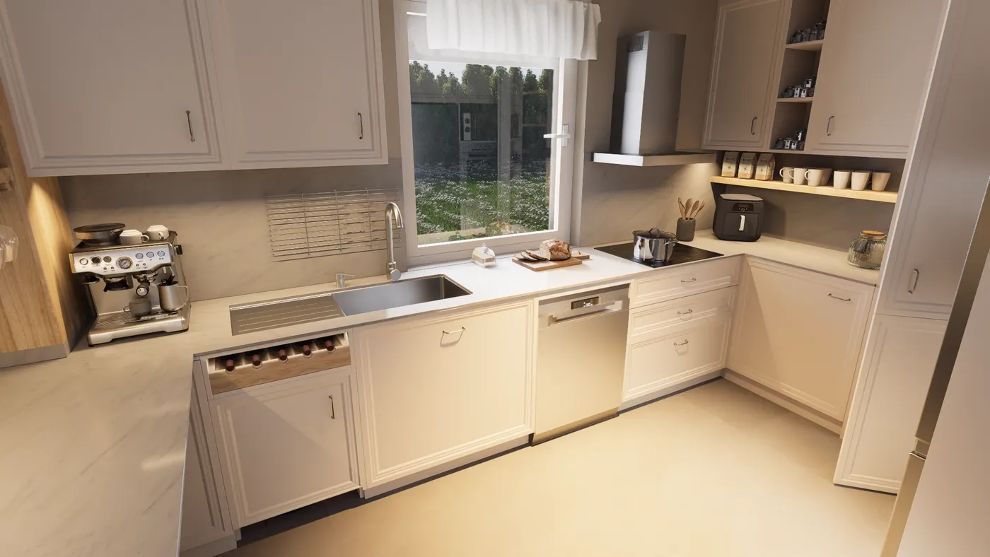 Render of a cream U-shaped kitchen with a sink under the window, espresso machine and open shelving