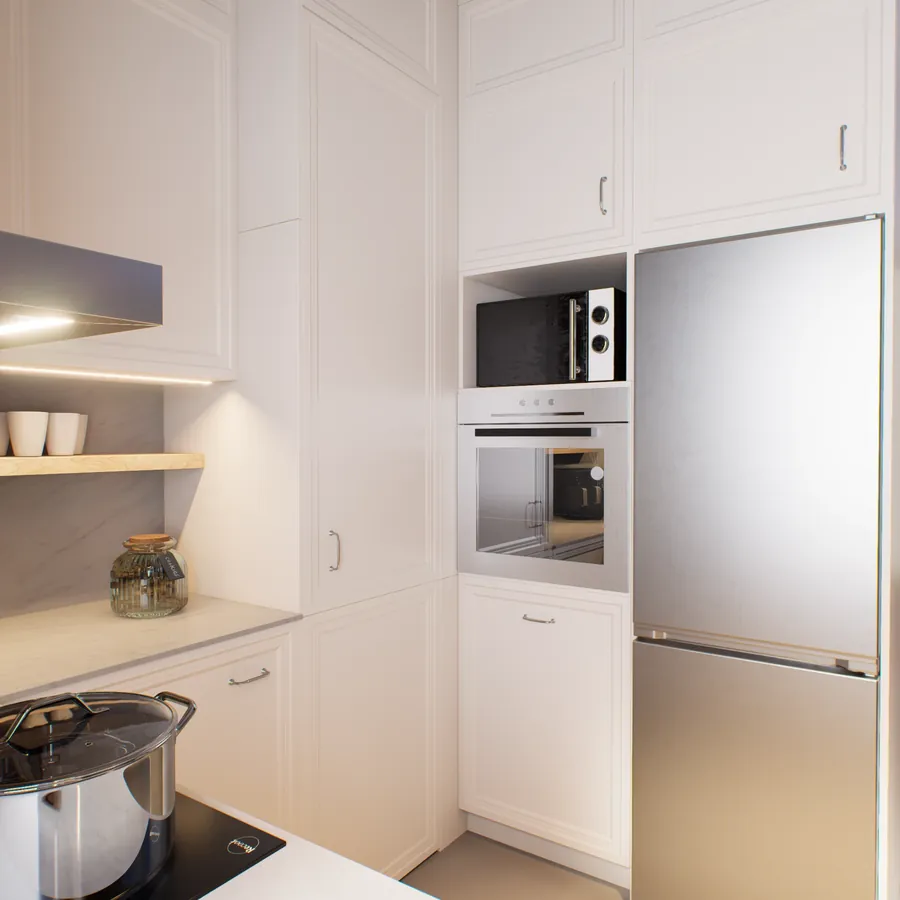 Render of white panelled tall units with a built-in oven, microwave niche and fridge